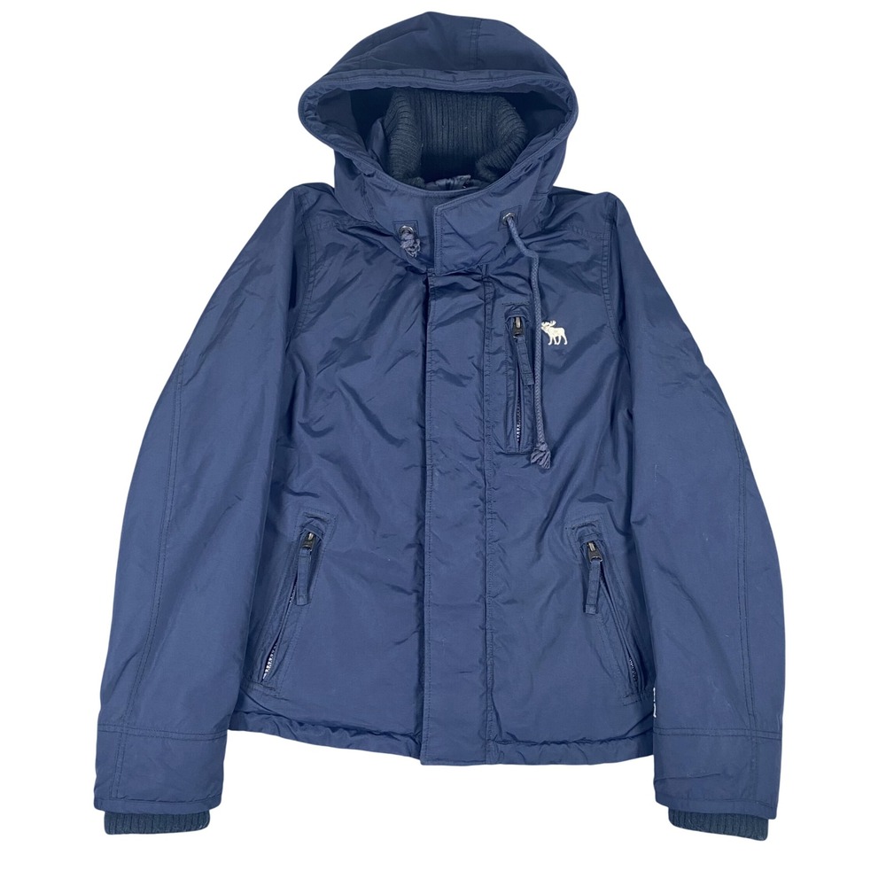 Vintage Abercrombie & Fitch Hooded Jacket Mens M Navy Blue Fleece Lined Full Zip
